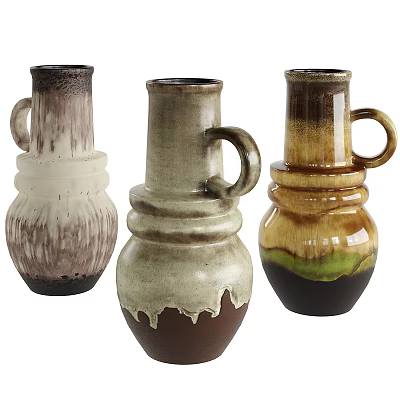 Three Artistic Ceramic Vases With Handles And Textured Glaze In Various Colors 3d model