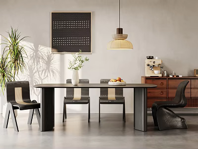 Modern Dining Table Set With Chairs Pendant Light Wall Art And Potted Plant 3d model
