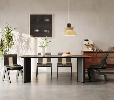 Modern Dining Table Set With Chairs Pendant Light Wall Art And Potted Plant 3d model