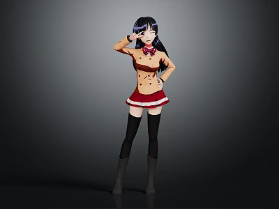 3D Anime Character Model Wearing Red Bow Brown Top Red Skirt And Black Thigh Highs 3d model
