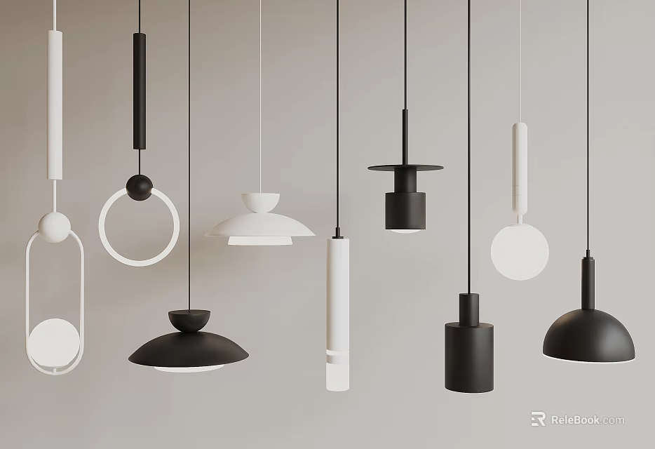 Modern Minimalist Pendant Lights With Various Black And White Designs For Interior Decor 3d model 