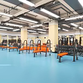 Spacious Gym Interior With Fitness Equipment Benches And Ceiling Lights