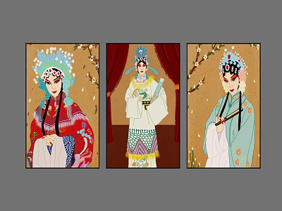 Traditional Chinese Opera Character Paintings With Three Figures In Colorful Costumes And Headdresses 3d model