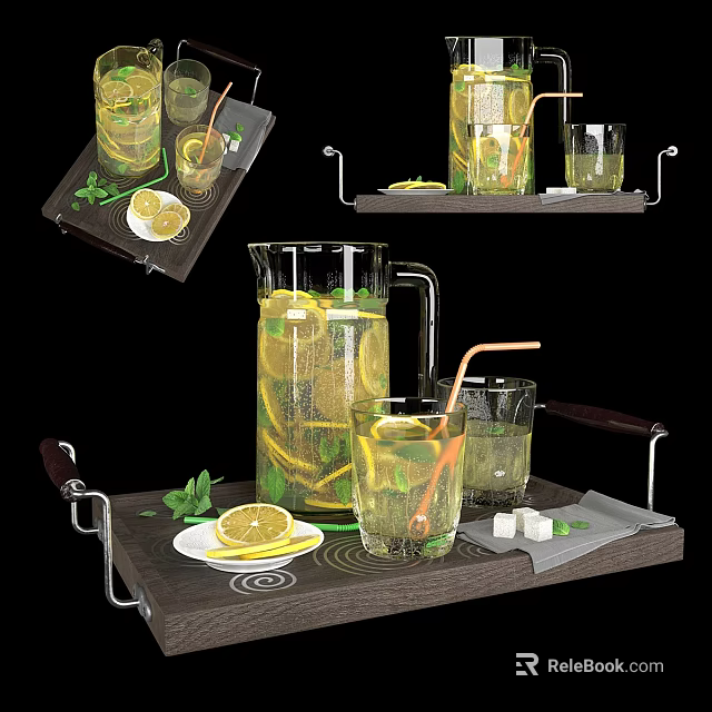 Refreshing Citrus Lemon Mint Drink in Glass Pitcher with Glasses and Sugar Cubes on Tray 3d model 