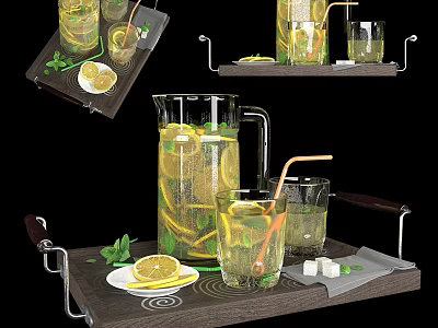 Refreshing Citrus Lemon Mint Drink in Glass Pitcher with Glasses and Sugar Cubes on Tray 3d model