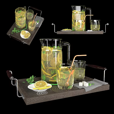 Refreshing Citrus Lemon Mint Drink in Glass Pitcher with Glasses and Sugar Cubes on Tray 3d model