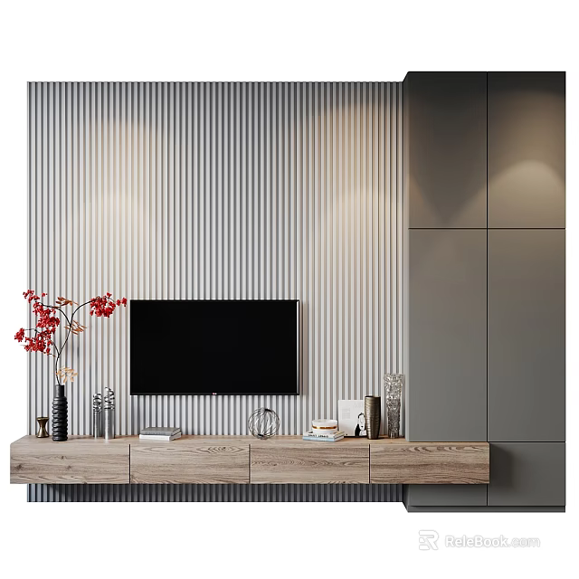 Modern Minimalist Wooden TV Stand with Mounted TV Vertical Striped Wall and Decorative Items 3d model 
