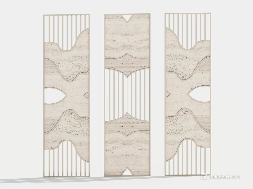 Modern Decorative Room Divider With Geometric Patterns And Natural Textured Panels 3d model
