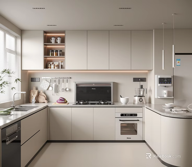 Modern Kitchen Interior With Light Colored Cabinets Built-in Appliances Hanging Utensils And Under Cabinet Lighting 3d model 