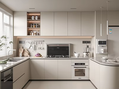 Modern Kitchen Interior With Light Colored Cabinets Built-in Appliances Hanging Utensils And Under Cabinet Lighting 3d model