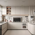 Modern Kitchen Interior With Light Colored Cabinets Built-in Appliances Hanging Utensils And Under Cabinet Lighting