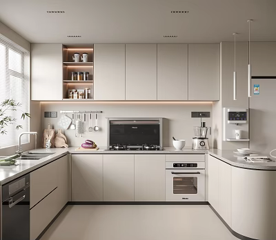 Modern Kitchen Interior With Light Colored Cabinets Built-in Appliances Hanging Utensils And Under Cabinet Lighting 3d model
