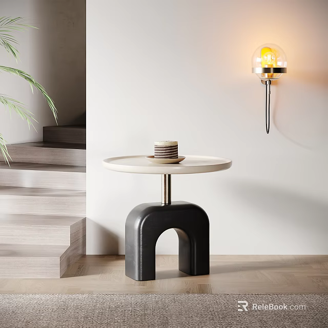 Modern Interior Side Table With Black Arch Base Round Light-Colored Top And Wall Lamp Plant 3d model 