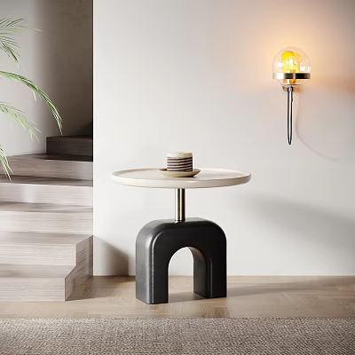Modern Interior Side Table With Black Arch Base Round Light-Colored Top And Wall Lamp Plant 3d model