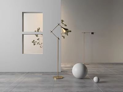 Modern Gold Floor Lamp With Green Plant And White Spheres On Grey Tile Floor 3d model