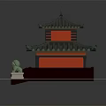 Cartoon Chinese Traditional Two Story Building Scene with Green Roof Red Walls and Stone Lions
