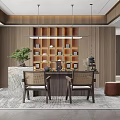 Modern Tea Room Interior Design With Wooden Walls Built in Bookshelf Tea Set And Chairs