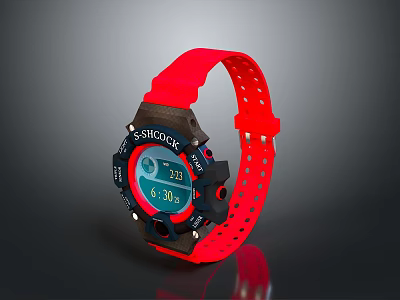 G SHOCK Sports Watch With Red Silicone Strap And Digital 3d model