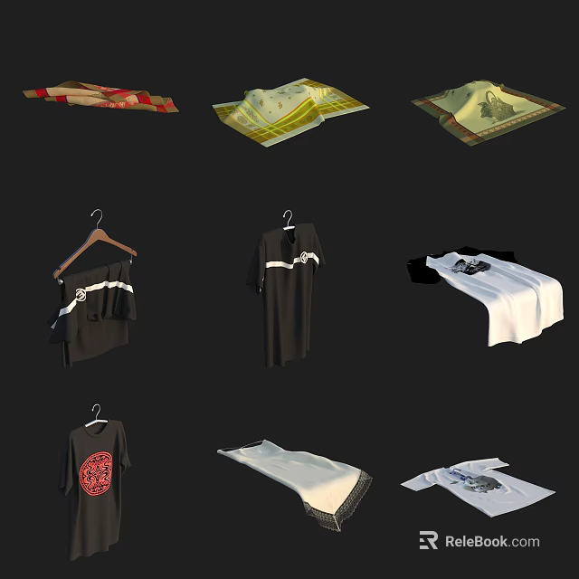 Various Stylish Clothes Including Hanging Black Dresses And Folded White Tees With Red Patterns 3d model 