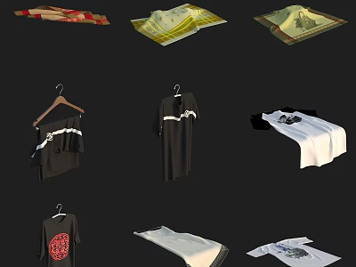 Various Stylish Clothes Including Hanging Black Dresses And Folded White Tees With Red Patterns 3d model