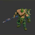 Muscular Warrior Game Character With Spear Blue Arm Guards And Leather Waist Gear