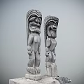 Traditional Wooden Totem Poles With Intricate Facial Carvings And Body Details