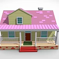 Cartoon House Scene Featuring Yellow Exterior Pink Roof Red Stairs White Porch Railings And Windows