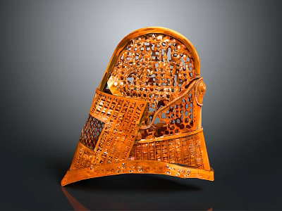 Ancient Weapon Helmet Featuring Ornate Orange Carved Details And Intricate Patterns 3d model