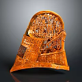 Ancient Weapon Helmet Featuring Ornate Orange Carved Details And Intricate Patterns