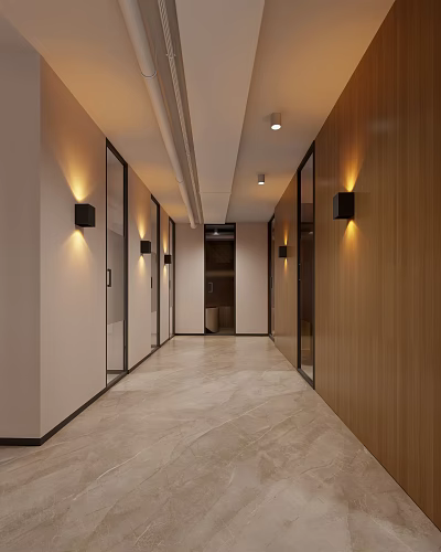 Modern Internet Cafe Hallway With Wooden Walls Glass Doors Wall Lamps And Marble Flooring 3d model