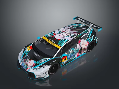 Race Car With Anime Girl Graphics Blue White Color Scheme And Rear Spoiler 3d model
