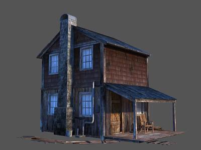 Two Story Vintage Log Cabin With Stone Chimney Porch Chair And Wooden Roof 3d model