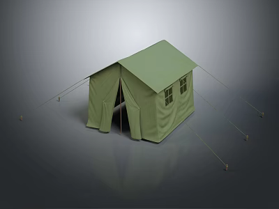 Green Canvas Camping Tent With Windows Door And Guy Ropes Setup 3d model