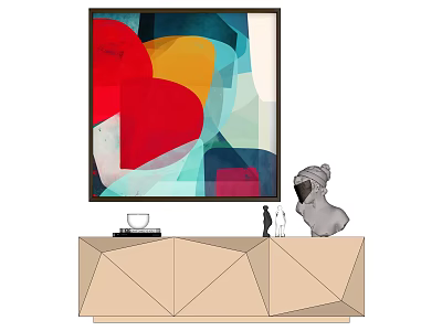 Colorful Abstract Painting on Wall with Modern Geometric Cabinet and Decorative Figurines 3d model