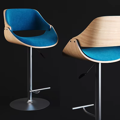 Modern Bar Stools With Blue Upholstered Seats Wooden Frame And Metal Base 3d model