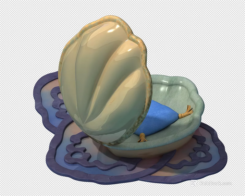 Cartoon Scene Featuring Open Shell With Blue Cushion On Patterned Mat 3d model 