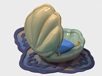 Cartoon Scene Featuring Open Shell With Blue Cushion On Patterned Mat 3d model