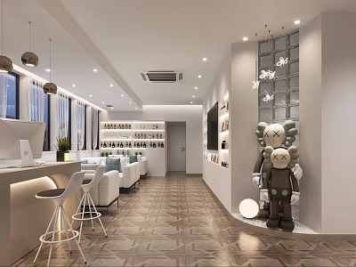 Modern Beauty and Hair Salon Interior With Reception Desk Product Shelves And Lighting Fixtures 3d model