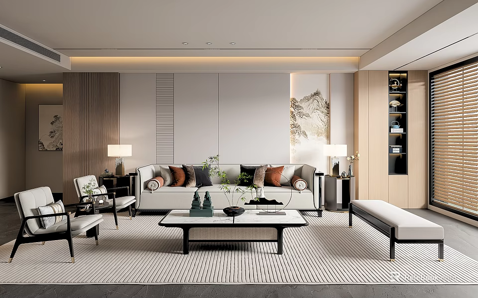 Modern Living Room Interior Design With Sofa Pillows Coffee Table Lamps And Decorative Painting 3d model 