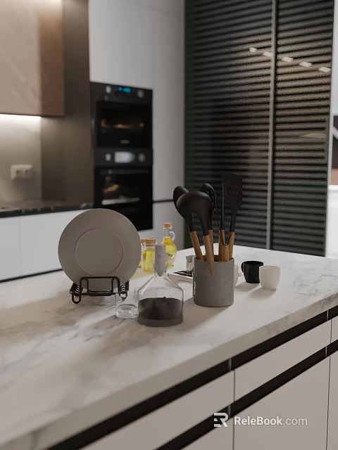 Luxury Modern Kitchen Interior With Marble Countertop Open Design And Kitchen Utensils 3d model 