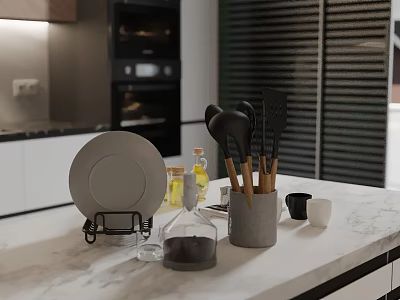 Luxury Modern Kitchen Interior With Marble Countertop Open Design And Kitchen Utensils 3d model