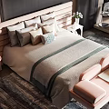 Elegant Modern Double Bed Interior With Upholstered Headboard Multiple Pillows Striped Blanket And Pink Chairs