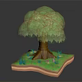 Tree With Green Leaves And Brown Trunk On Grass Patch With Small Flowers 3d model