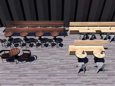 Modern Wooden Dining Table Set With Round Tables Chairs Benches Striped Walls And Wooden Flooring 3d model
