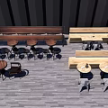 Modern Wooden Dining Table Set With Round Tables Chairs Benches Striped Walls And Wooden Flooring