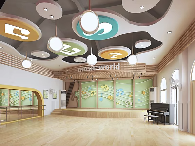 Kindergarten Music Classroom Interior With Colorful Ceiling Stage Piano Music Note Decorations And Wooden Floor 3d model