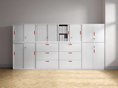 White Bookcase Combination with Red Handles Drawers Open Compartments Books Inside and Wooden Herringbone Floor 3d model