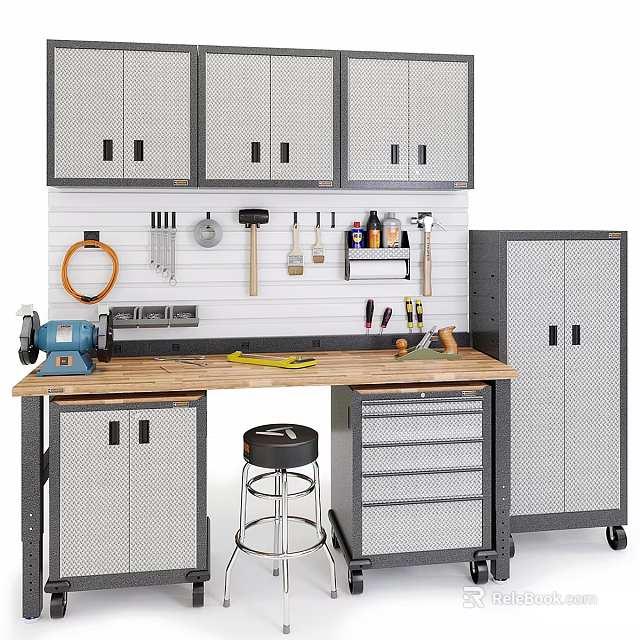 Functional Workbench with Wooden Top Drawers Cabinets and Wall Mounted Tools in Workshop 3d model