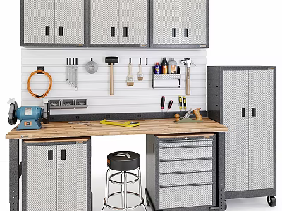 Functional Workbench with Wooden Top Drawers Cabinets and Wall Mounted Tools in Workshop 3d model