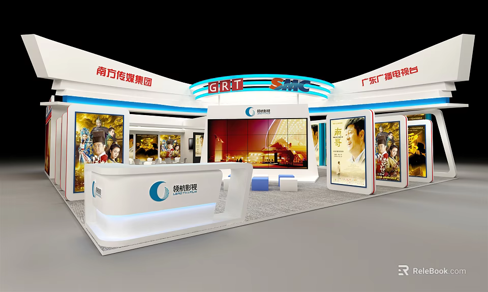 Modern Media Exhibition Booth With Reception Desk Large Screen And Display Posters 3d model 